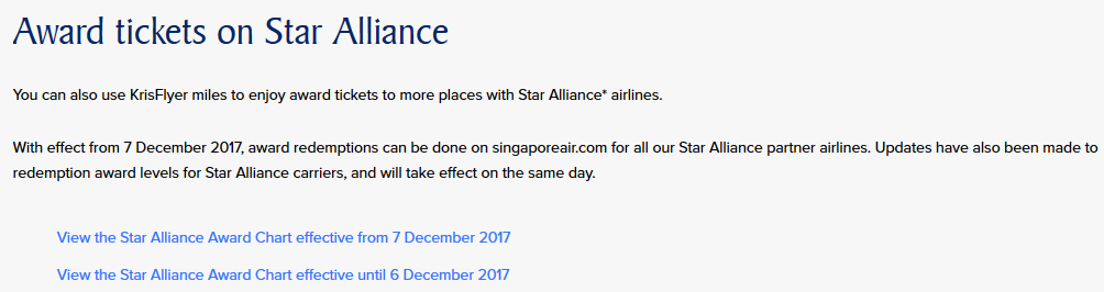 Star Alliance Award Chart Krisflyer