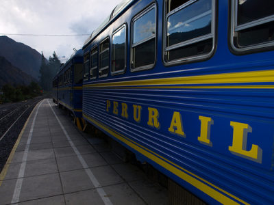 a blue train on a track