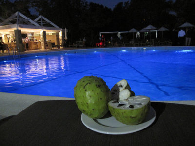 a plate of fruit next to a pool