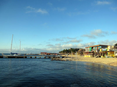 a body of water with a dock and buildings on it