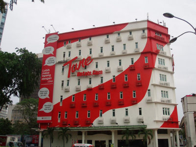 a building with red and white design