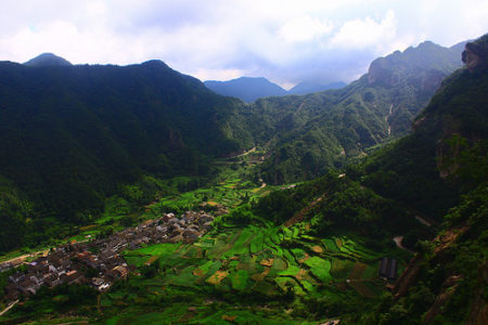 a green valley with a village in the middle