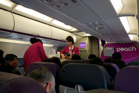 a woman serving food on an airplane