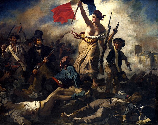 a painting of a woman holding a flag