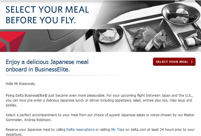 Delta BusinessElite Japanese Meal email