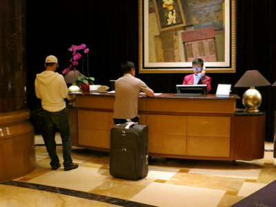 a group of people at a hotel reception