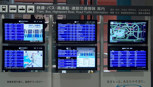 several screens on a wall