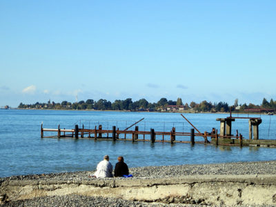 two people sitting on a beach looking at a pier