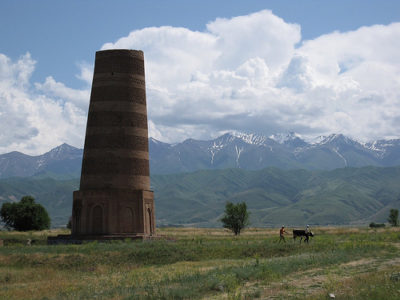 a tall tower in a field with a cow and mountains in the background with Burana Tower in the background