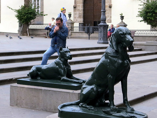 a man walking past a statue of a dog