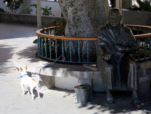 a dog standing next to a statue of a man