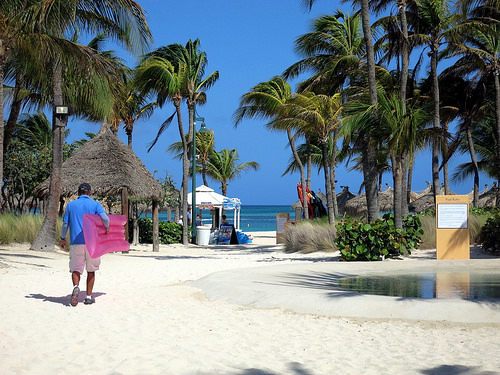 a man walking on a beach with palm trees