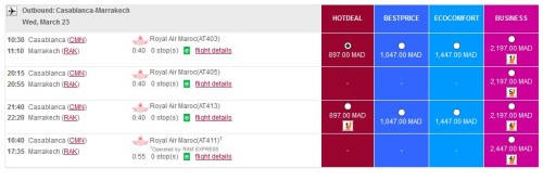 Royal Air Maroc Domestic Site Prices