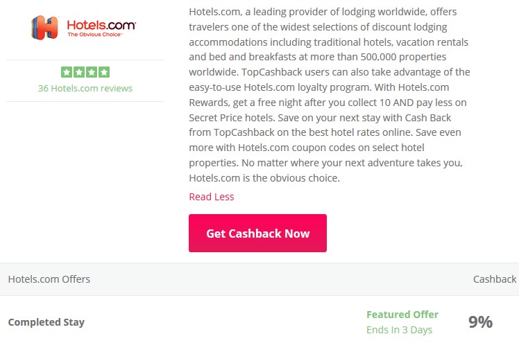 TopCashBack Hotels.com 9 Percent