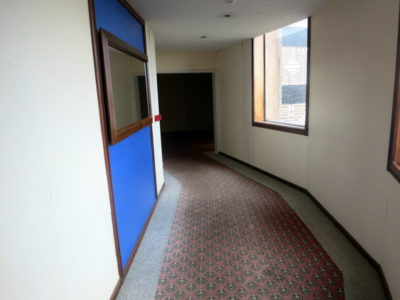 a hallway with a blue door and red carpet