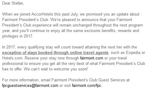 Fairmont Presidents Club Update November 2016