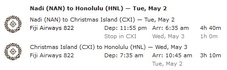 Fiji Airways Nadi-Christmas Island-Honolulu