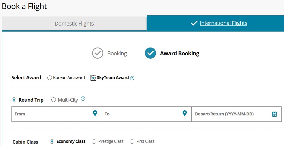 Korean Air SkyPass SkyTeam Award Booking