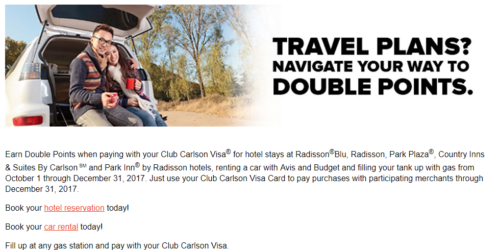 Club Carlson Visa Double Points Q4 2017