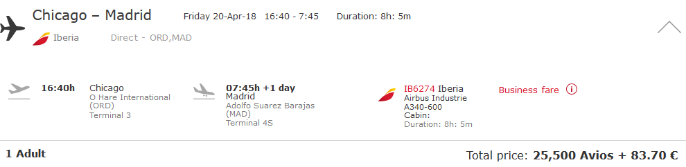 Iberia Avios ORD-MAD April 2017