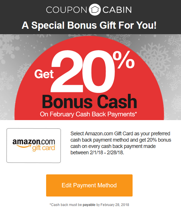 CouponCabin Amazon Gift Card Payout Bonus