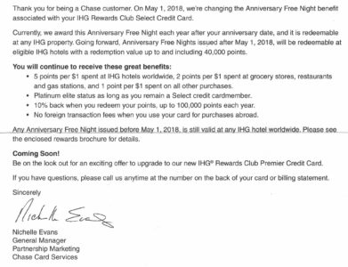 Chase IHG Credit Card Certificate Change Letter April 2018