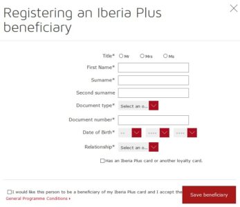 Iberia Plus Register Beneficiary