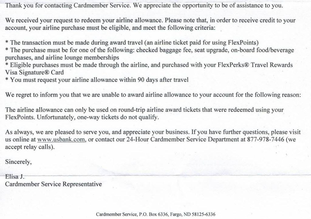 US Bank FlexPerks Airline Allowance Denial Letter