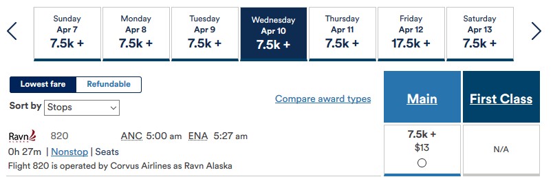 Alaska Airlines Mileage Plan Ravn ANC-ENA