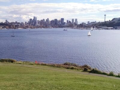 a body of water with a city in the background